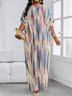 Abstract Print Batwing Sleeve Maxi Dress with Relaxed Flowing Silhouette