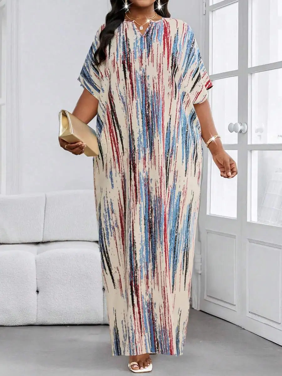 Abstract Print Batwing Sleeve Maxi Dress with Relaxed Flowing Silhouette