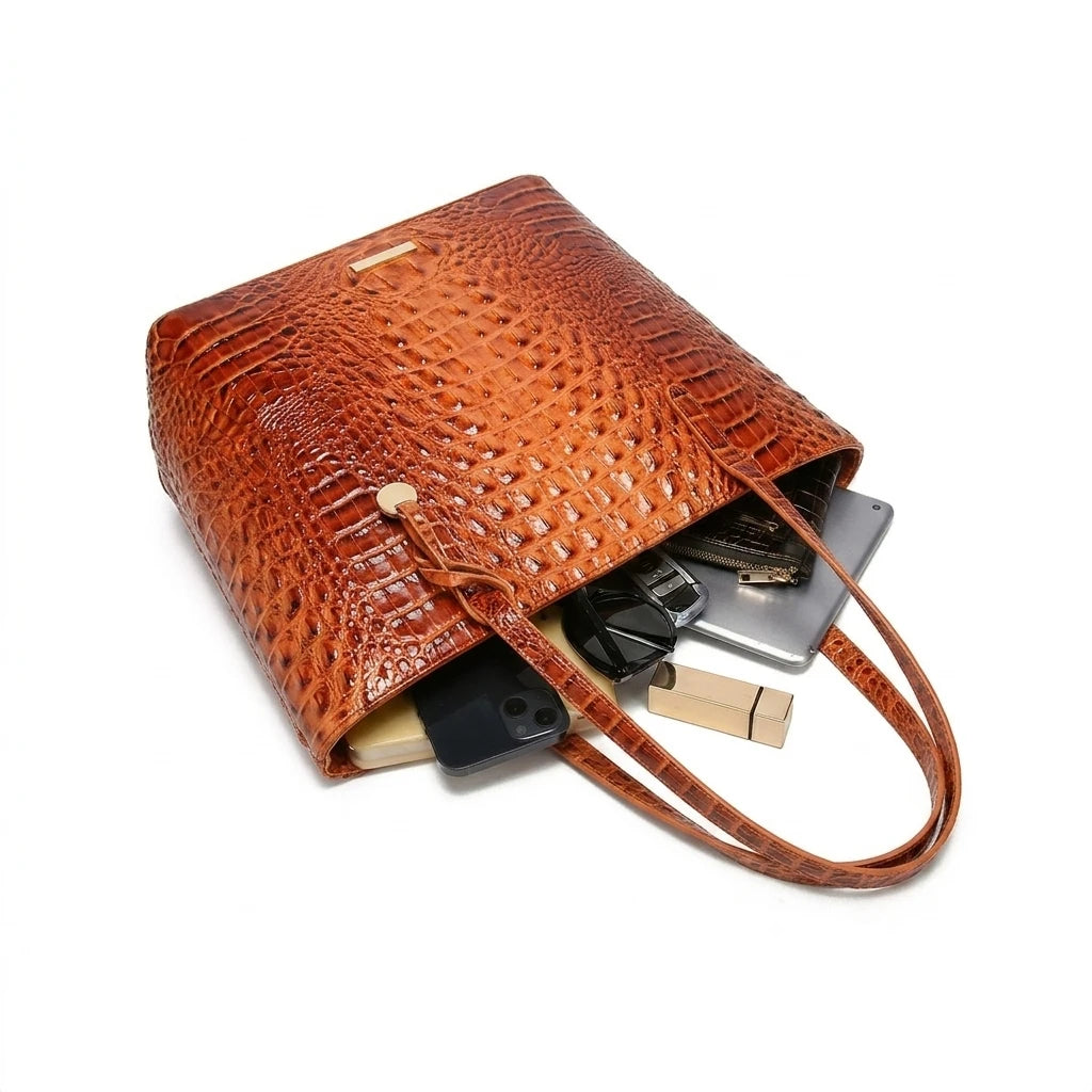 Croc Embossed Bucket Tote Bag with Matching Wristlet Large Capacity Shoulder Handbag