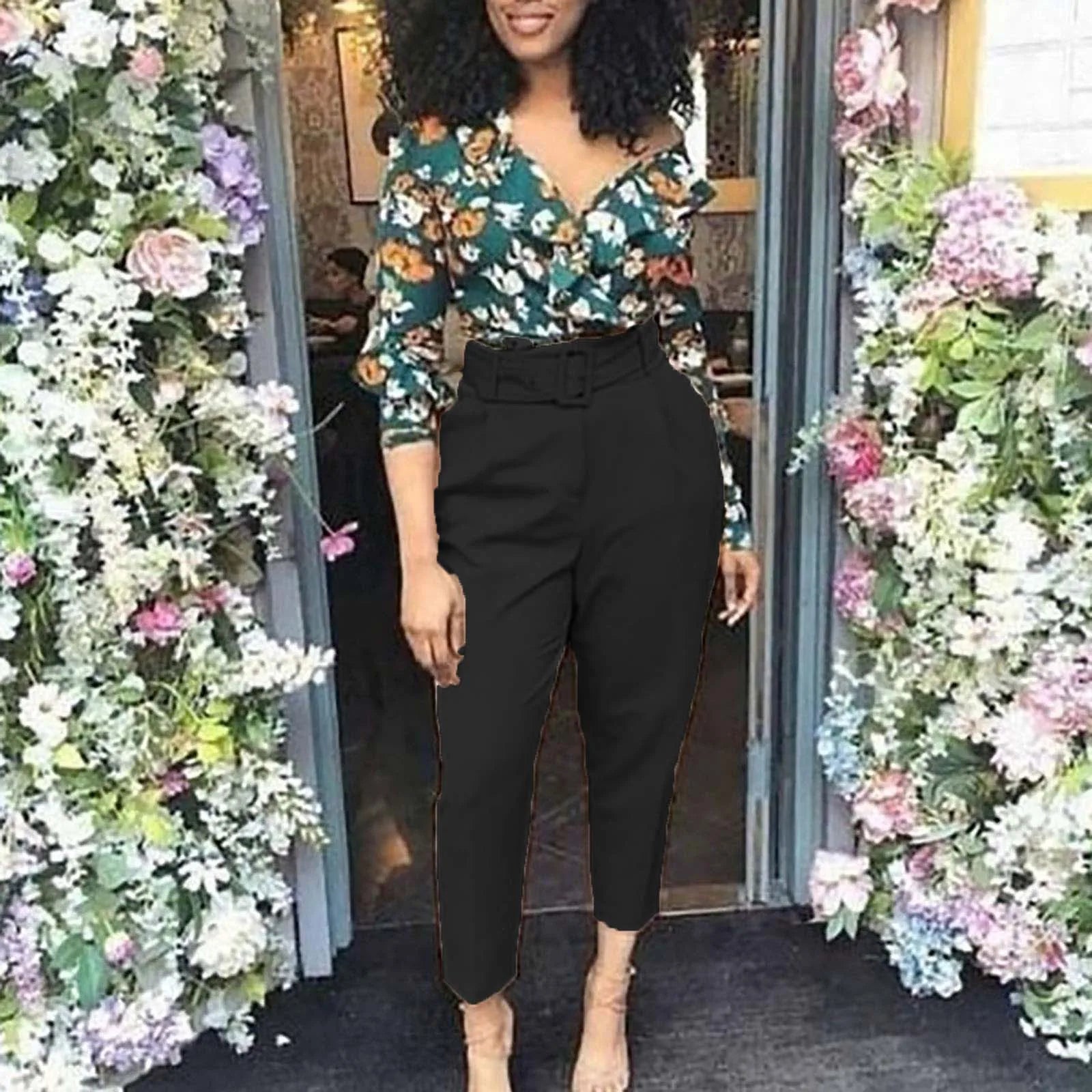 Women's High Waist Tailored Slim Fit Casual Trousers with Straight Leg Design
