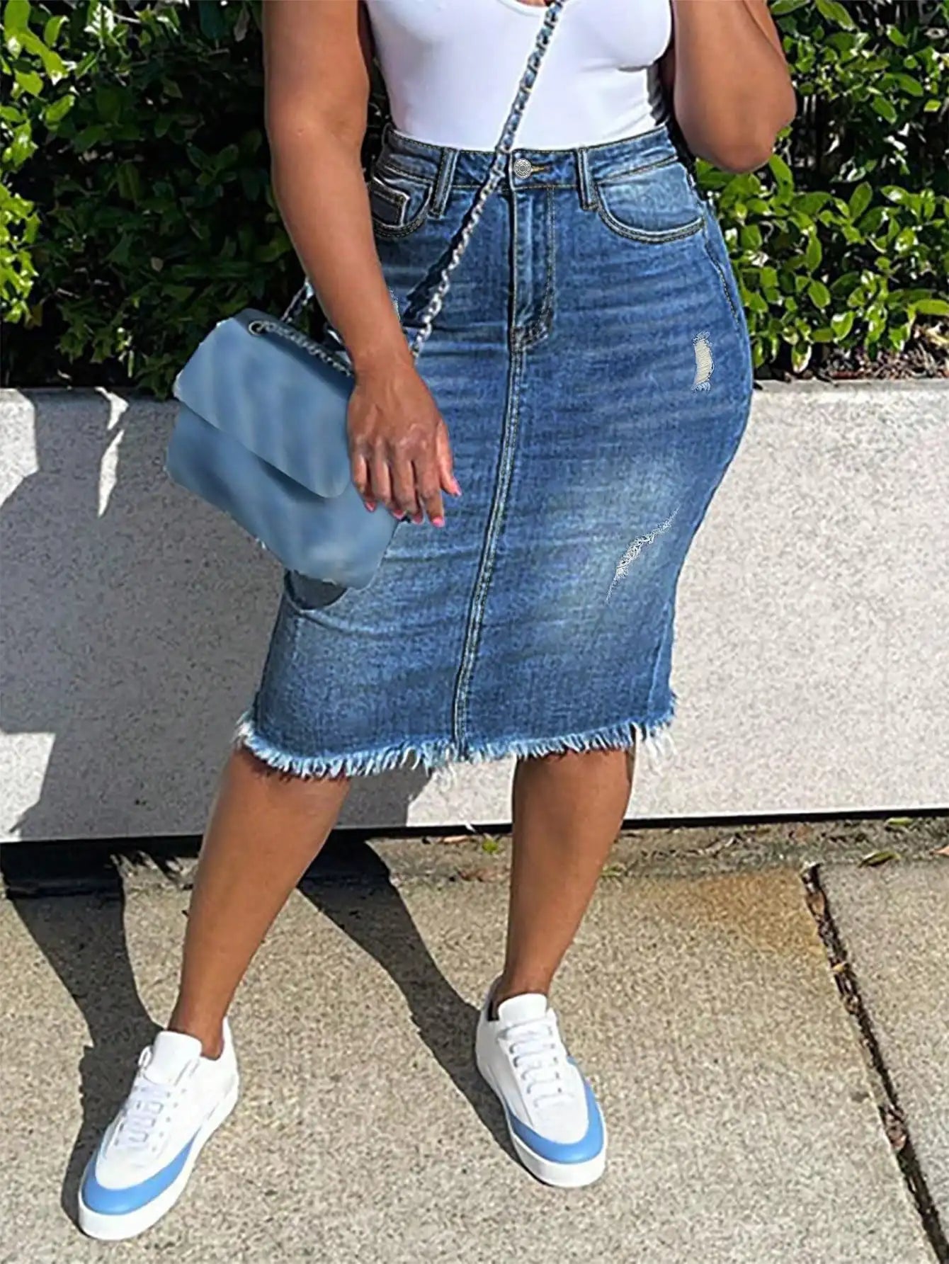 Distressed Denim Midi Skirt with Frayed Hem and Faded Wash Finish