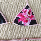 Black Triangle String Bikini with Blue Floral Print and White Contrast Binding