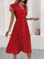 V-Neck Button Front Midi Dress with Side Slit and Puff Sleeves