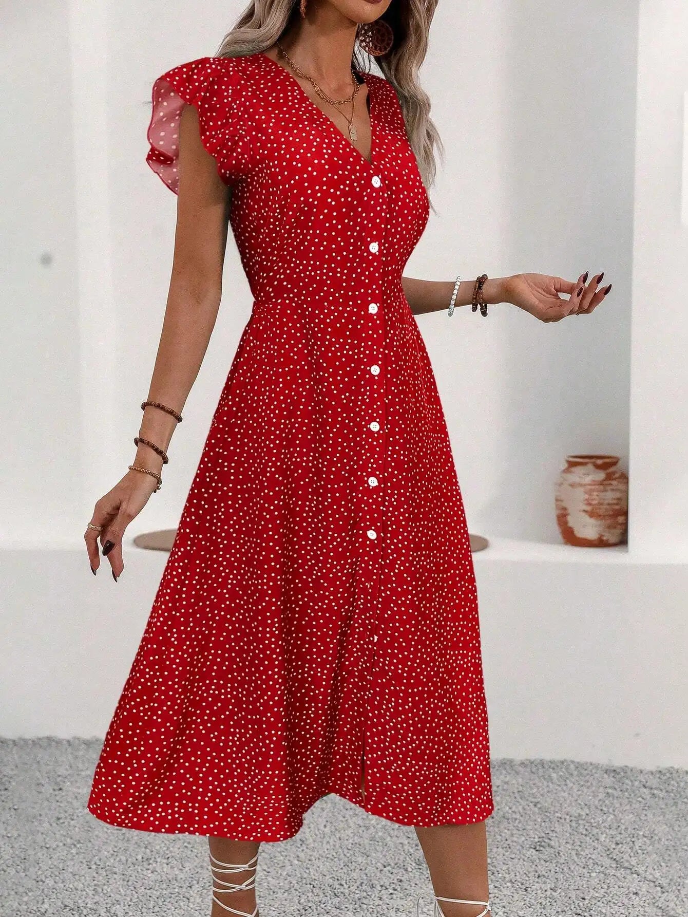 V-Neck Button Front Midi Dress with Side Slit and Puff Sleeves