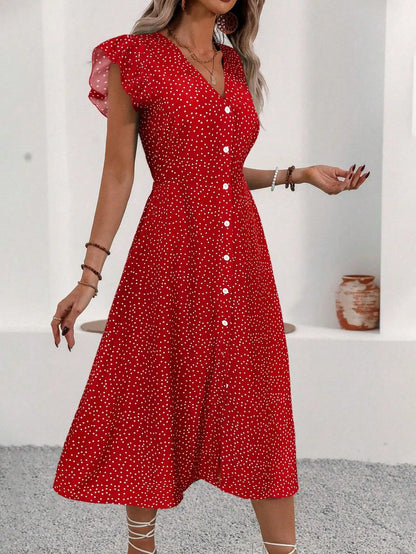 V-Neck Button Front Midi Dress with Side Slit and Puff Sleeves