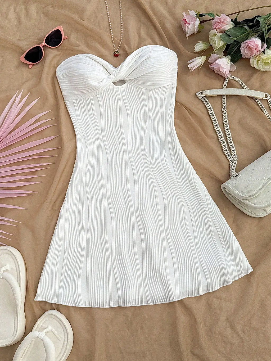 Strapless Pleated Mini Dress with Twist Front Detail A-Line Silhouette