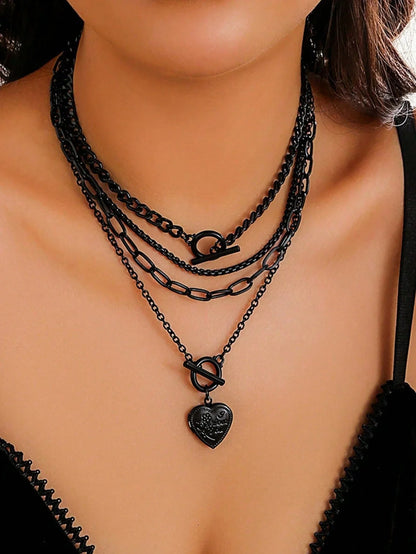 Dark Feminine Layered Chain Necklace Set with Heart Charm Accent