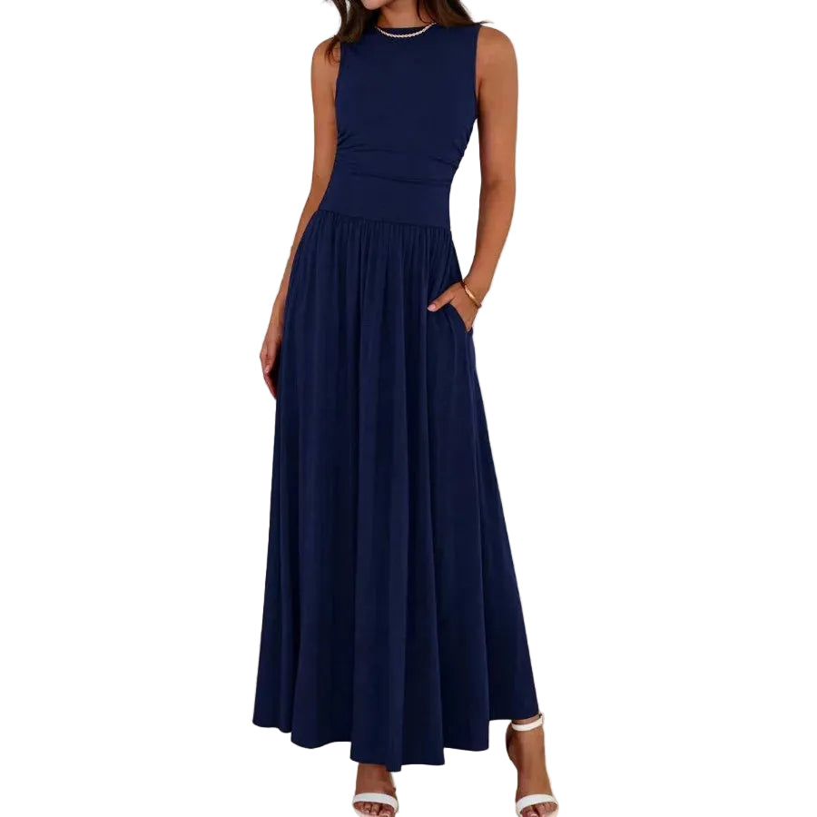 Sleeveless High Waist Maxi Dress with Ruched Panels and Functional Pockets