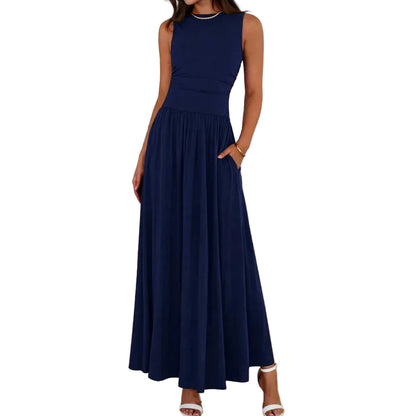 Sleeveless High Waist Maxi Dress with Ruched Panels and Functional Pockets