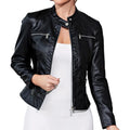Women's Glossy Faux Leather Moto Jacket with Zip Front Contemporary Streetwear Silhouette