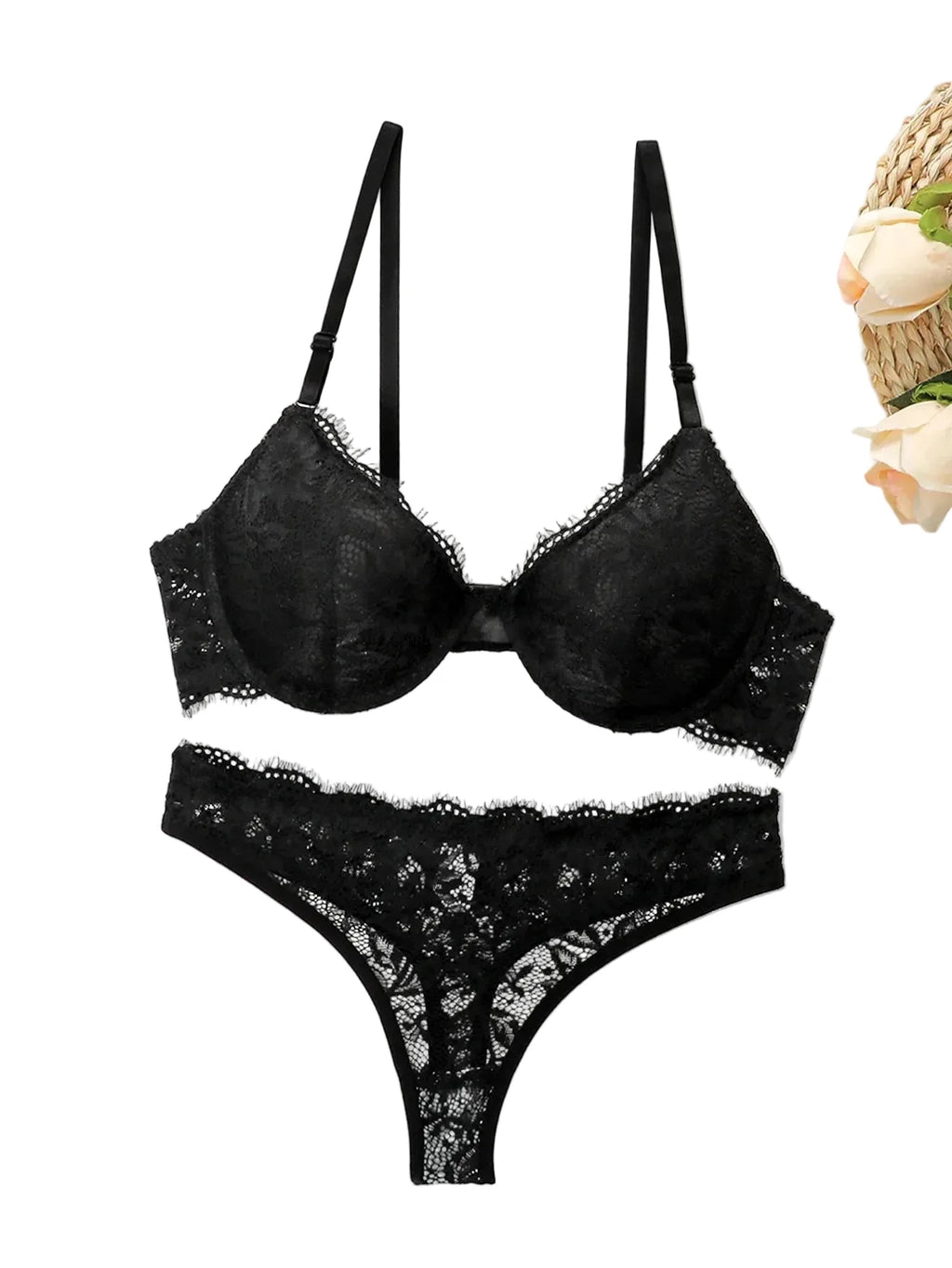 Botanical Floral Lace Front-Closure Push-Up Bra and Scalloped Thong Set