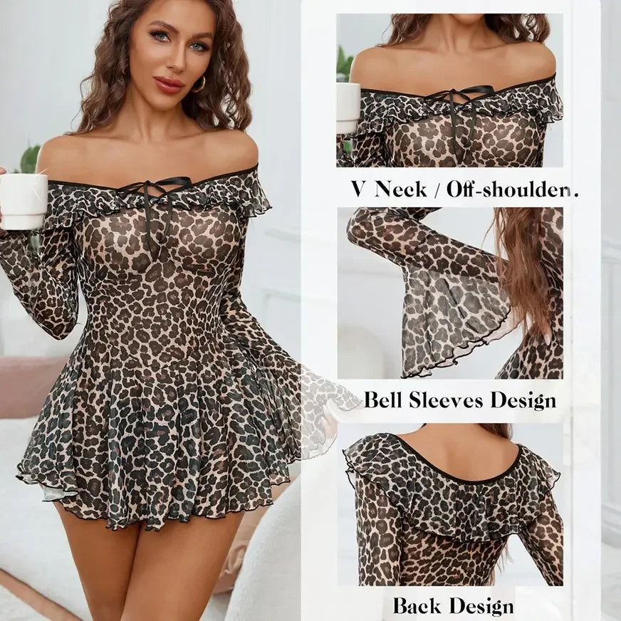 Striking Black Off-the-Shoulder Sheer Mesh Dress with Geometric Pattern and Flared Sleeves