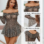 Striking Black Off-the-Shoulder Sheer Mesh Dress with Geometric Pattern and Flared Sleeves