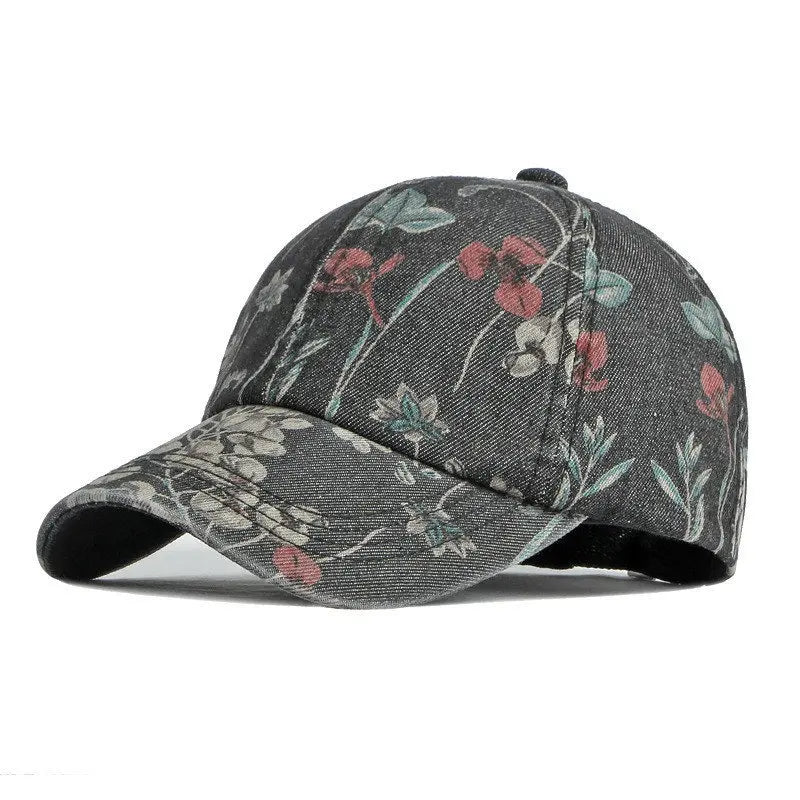 Vintage Floral Print Washed Baseball Cap with Curved Brim for Casual Streetwear Everyday Style