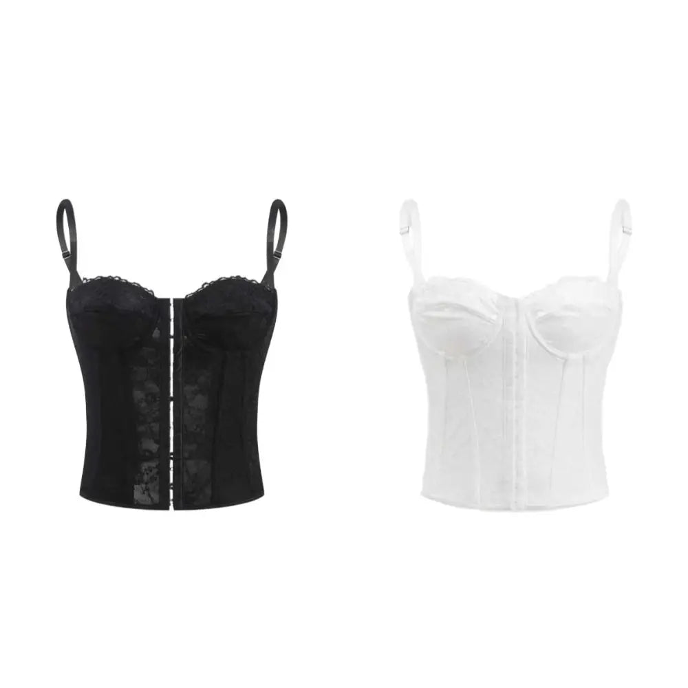 Romantic White Sheer Lace Camisole with Delicate Straps and Front Lacing