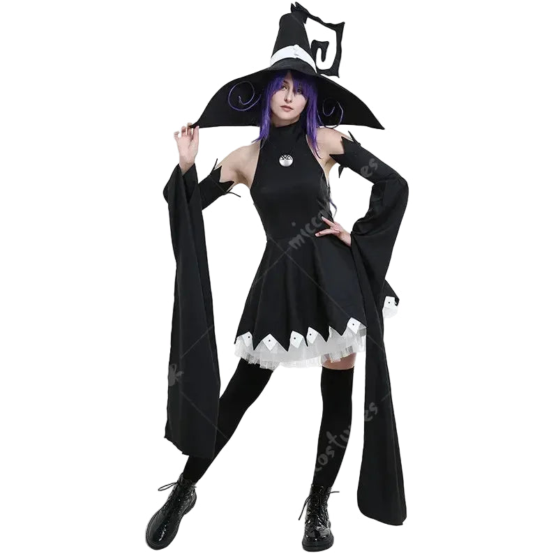 Women's Layered Hooded Dress Costume Set with Oversleeves and Statement Accessory Details