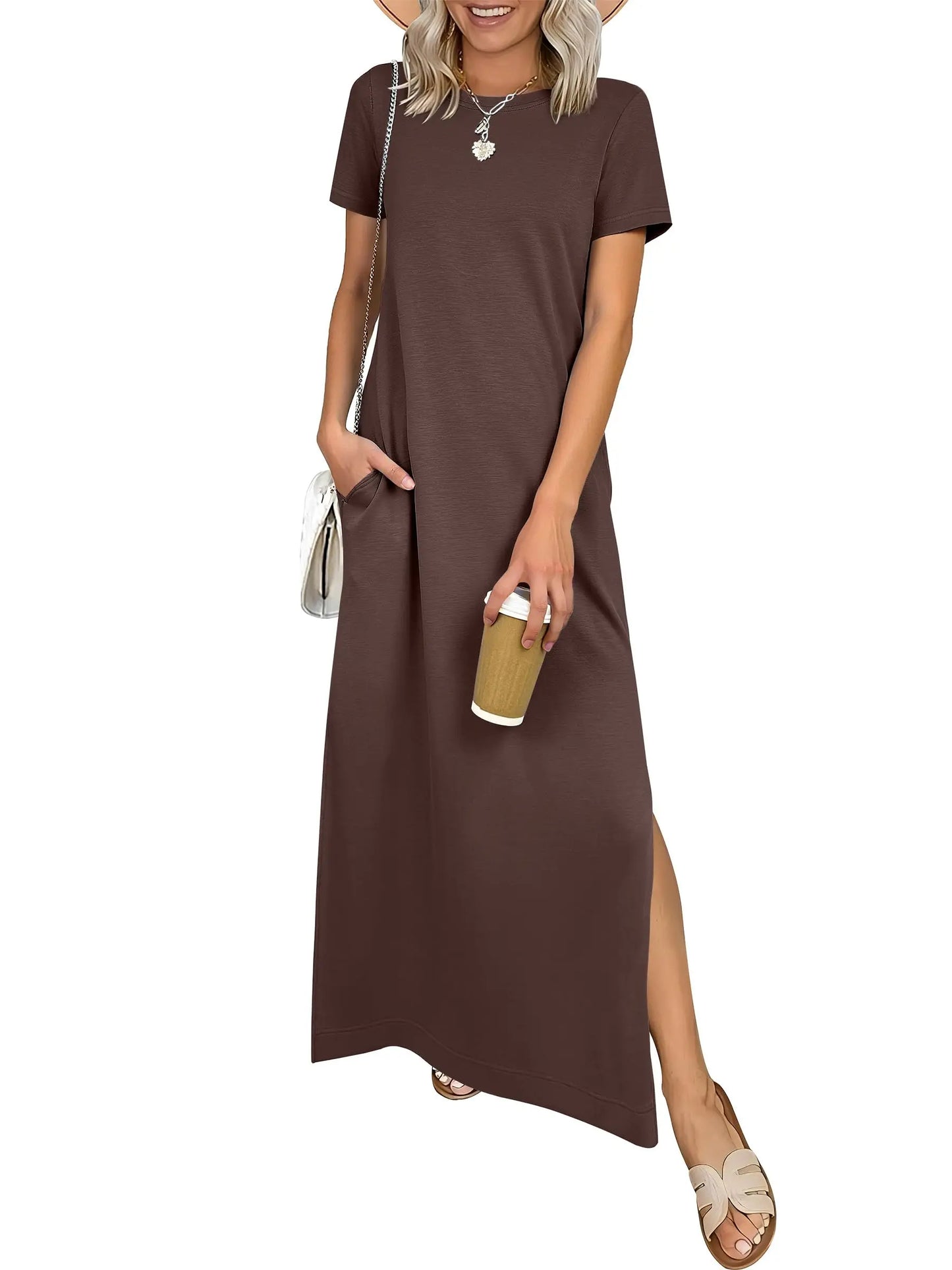 Relaxed Crew Neck Maxi Dress with Side Slits and Functional Pockets