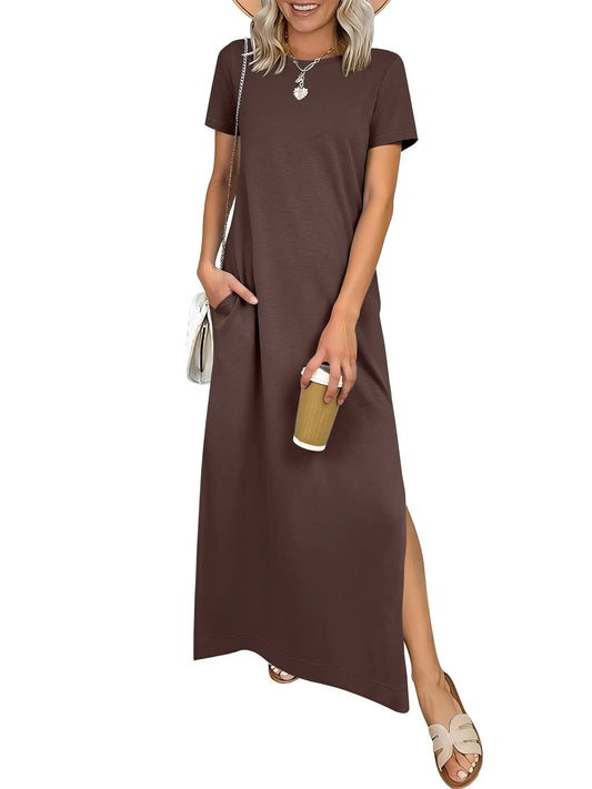 Relaxed Crew Neck Maxi Dress with Side Slits and Functional Pockets