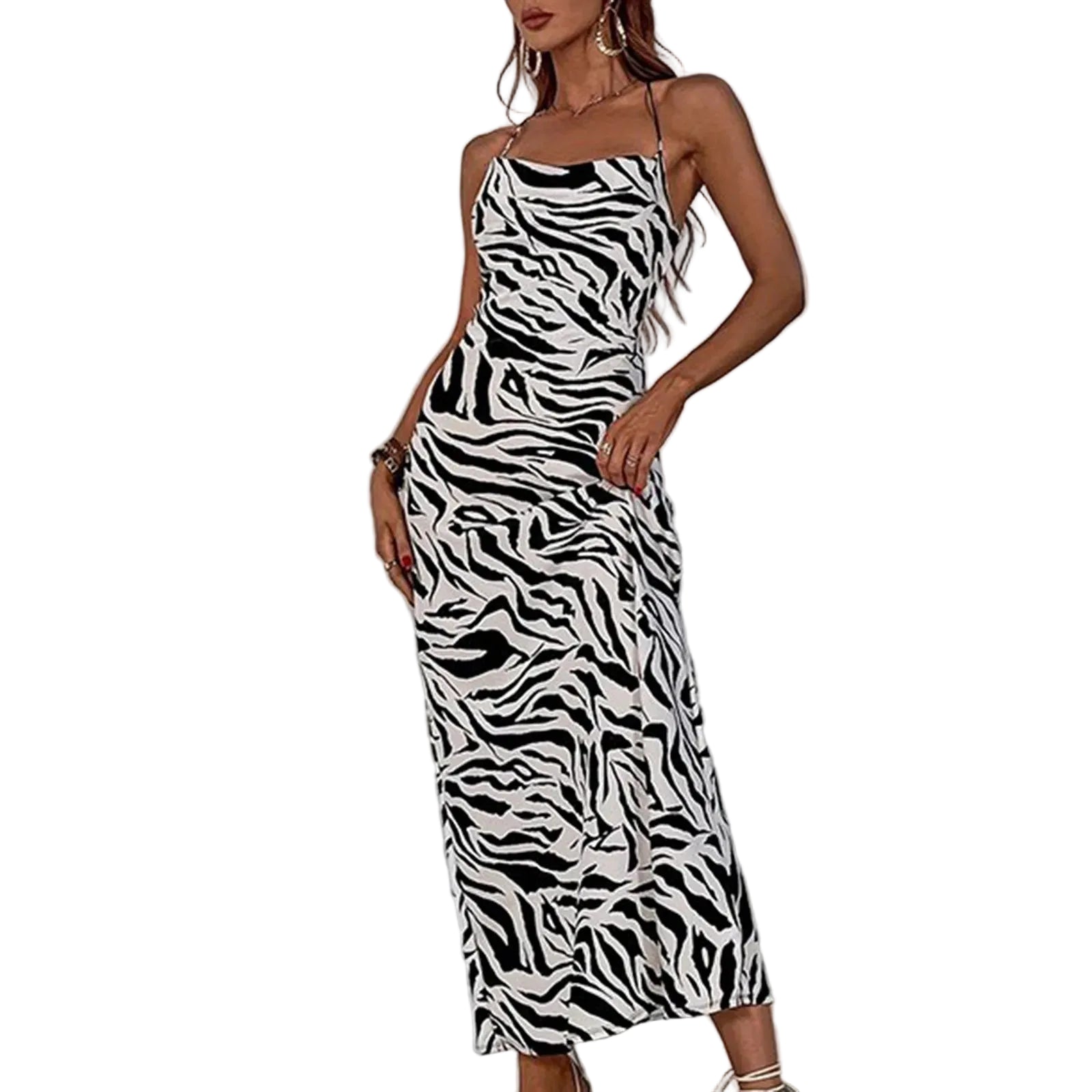 Animal Print Bodycon Maxi Slip Dress with Backless Lace-Up Streetwear Styling