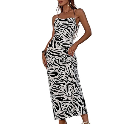 Animal Print Bodycon Maxi Slip Dress with Backless Lace-Up Streetwear Styling