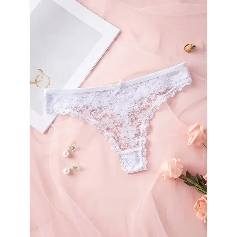 3-Piece Women’s Floral Lace Thong Set with Sheer-Look Panels, Low-Rise Silhouette and Assorted Feminine Colors