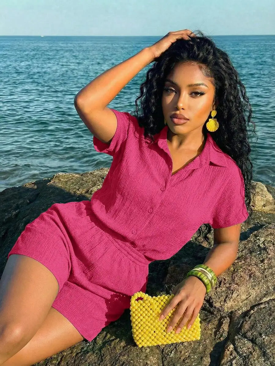 Women's Textured Button Front Shirt and Shorts Co-Ord Set Vacation Outfit