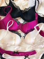 Vibrant Magenta Satin-Finish Wire-Free Bra and Panty Set with Black Lace Trim