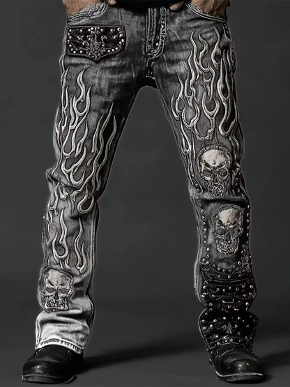 Men's Vintage Wash Loose Denim Jeans with Studded Graphic Detail High Street Fashion Style