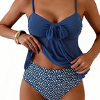 Earthy Brown Chiffon Bow Tankini Set with High-Waisted Bottoms
