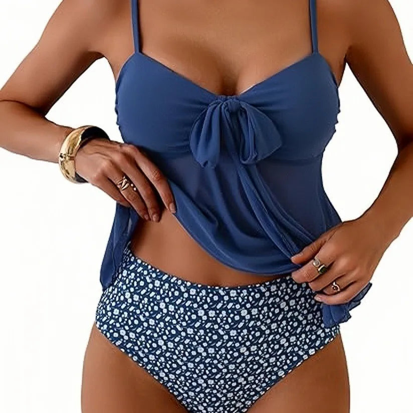 Earthy Brown Chiffon Bow Tankini Set with High-Waisted Bottoms
