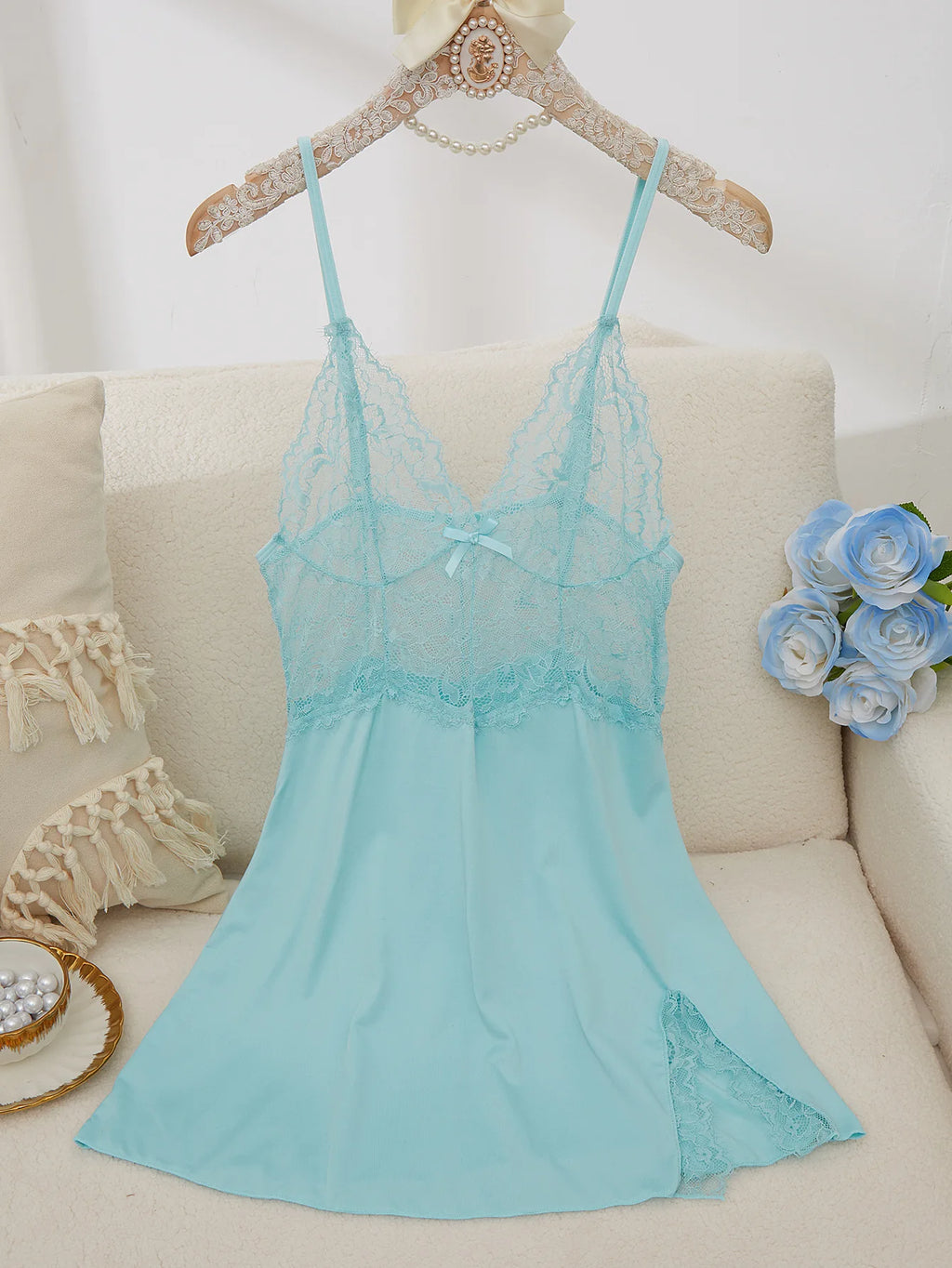 Soft Pink Sheer Lace Chemise with Plunging V-Neckline and Flowing Skirt