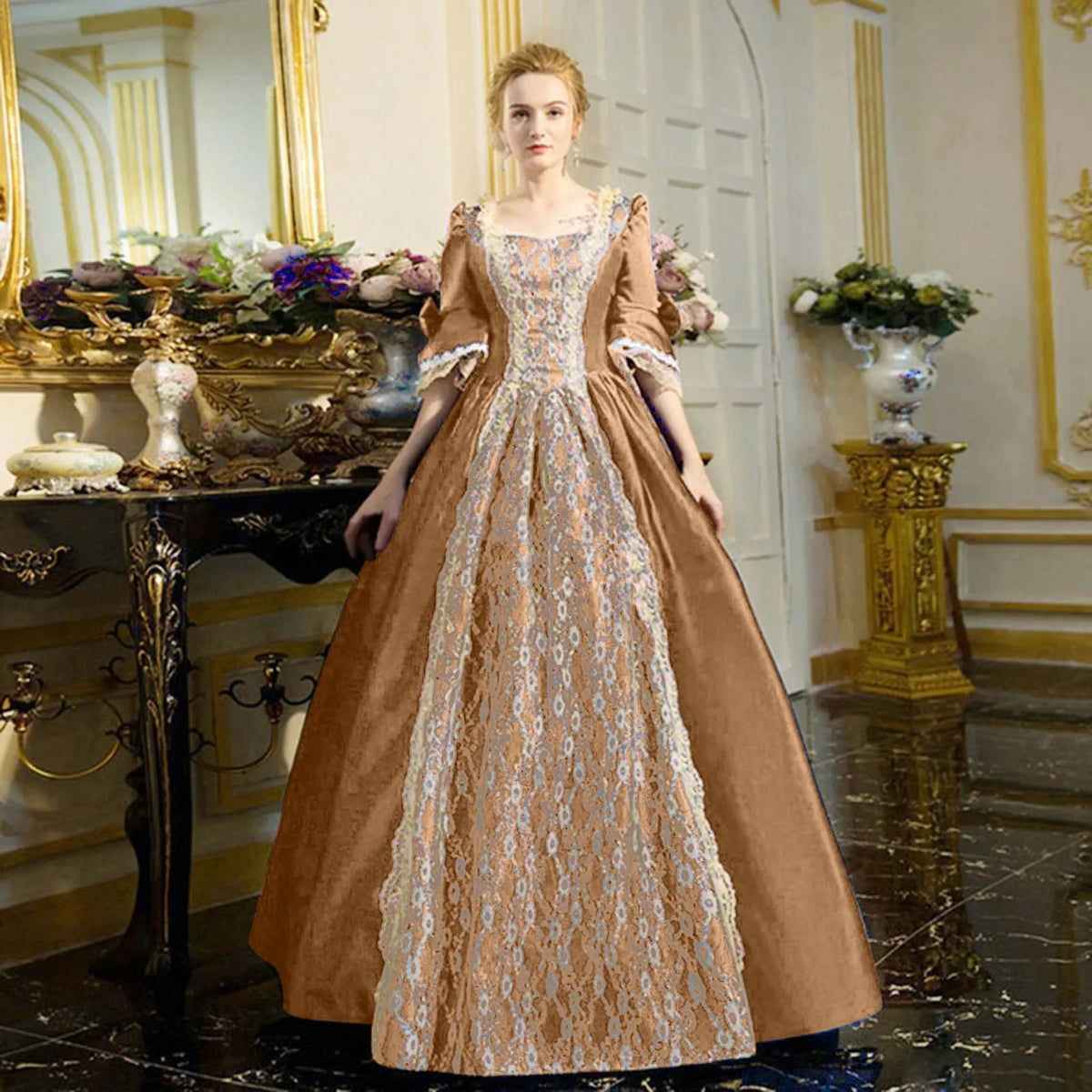 Dramatic Renaissance-Inspired Ball Gown with Ornate Brocade Panel and Flared Sleeves