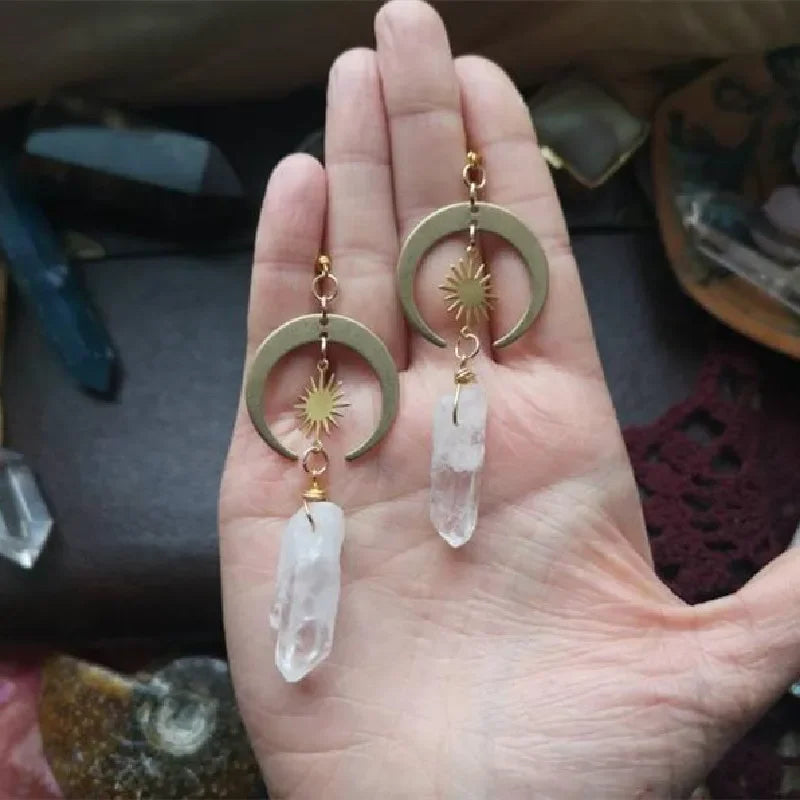 Witchcore Sun and Crescent Moon Crystal Drop Statement Earrings