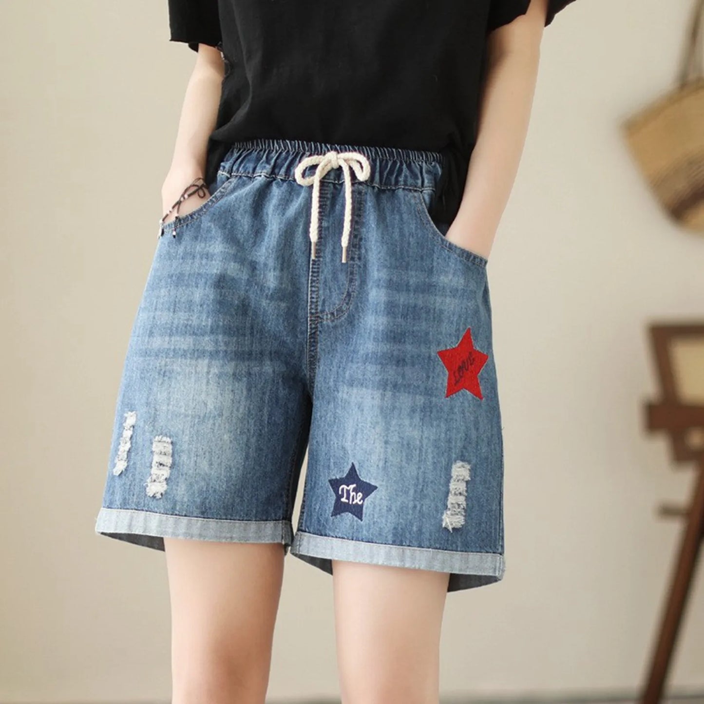 Women's Relaxed Denim Shorts with Drawstring Waist Embroidered Details and Casual Wide Leg Fit
