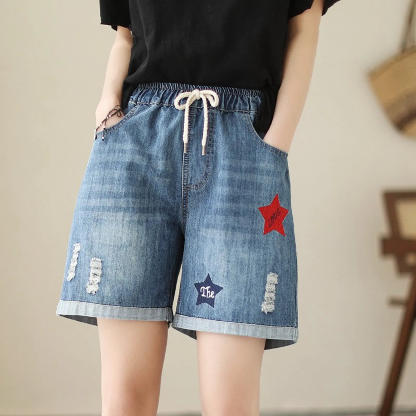 Women's Relaxed Denim Shorts with Drawstring Waist Embroidered Details and Casual Wide Leg Fit