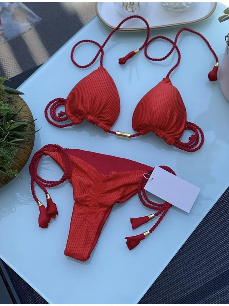 Soft Periwinkle Triangle Bikini Set with Two-Tone Twisted Rope and Tassel Details