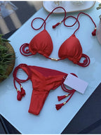 Soft Periwinkle Triangle Bikini Set with Two-Tone Twisted Rope and Tassel Details
