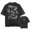 Retro Techwear Goth Graphic Tee with Manga-Inspired Blueprint Design