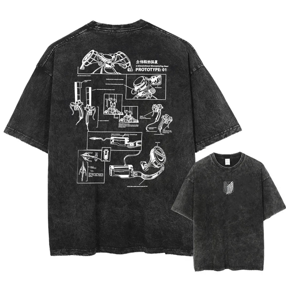 Retro Techwear Goth Graphic Tee with Manga-Inspired Blueprint Design
