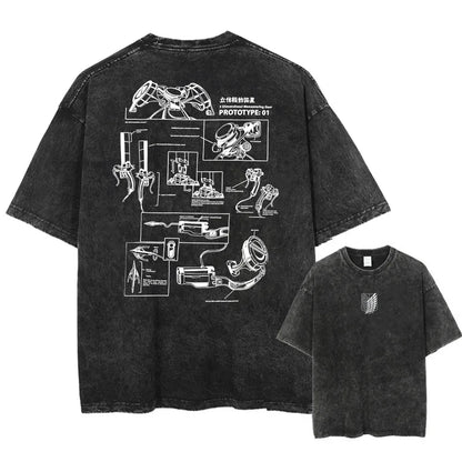 Retro Techwear Goth Graphic Tee with Manga-Inspired Blueprint Design
