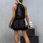 Rose Gold Sequin Halter Mini Dress with Satin Back Bow and Textured Hem