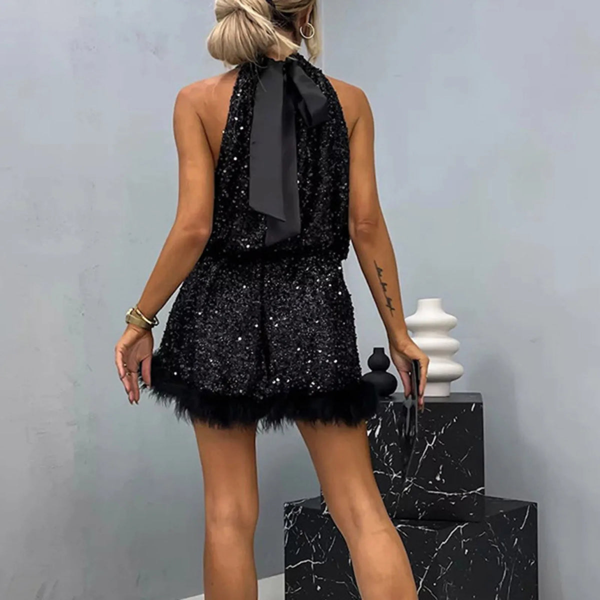 Rose Gold Sequin Halter Mini Dress with Satin Back Bow and Textured Hem