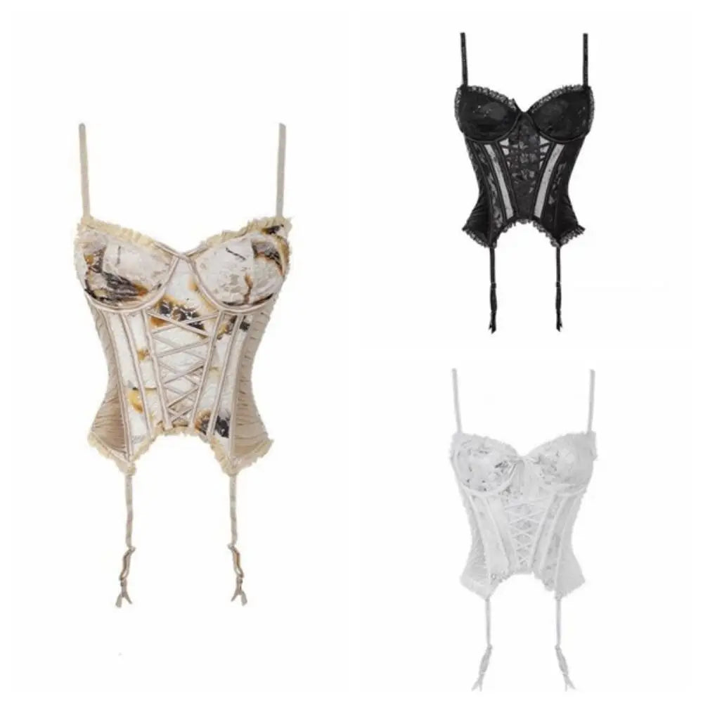 Black Sheer Mesh Bustier with Sweetheart Lace Neckline and Suspender Straps