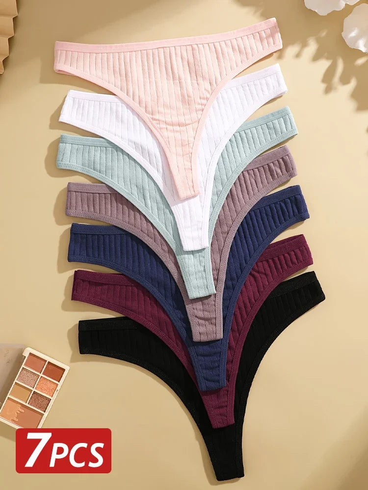 7-Piece Women’s Ribbed Low-Rise Thong Set with Solid Colors, Minimal G-String Silhouette and Soft Everyday Styling