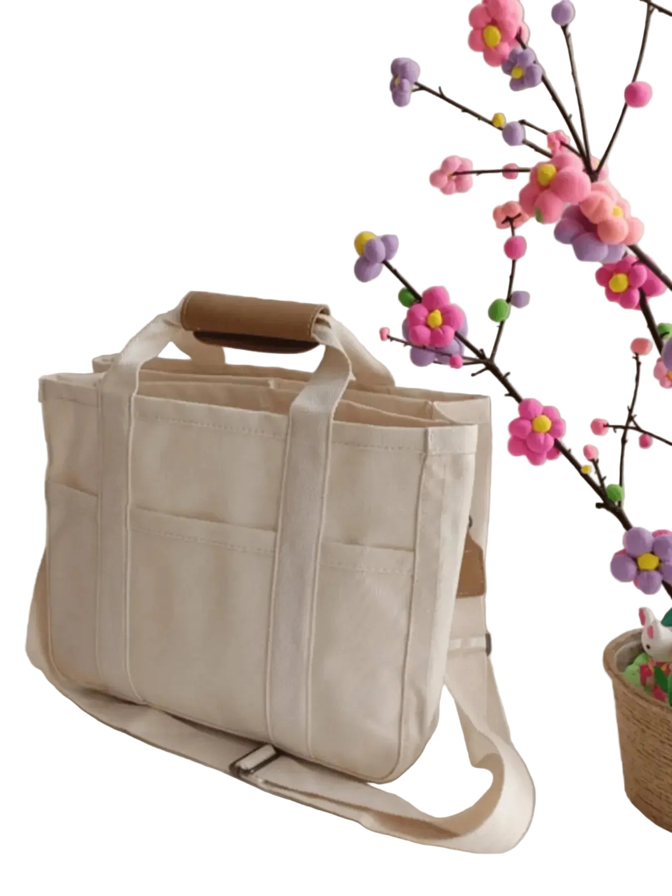 Large Capacity Structured Canvas Style Tote Bag with Utility Pockets
