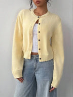 Women's Cropped Crew Neck Button Front Cardigan with Soft Knit Construction