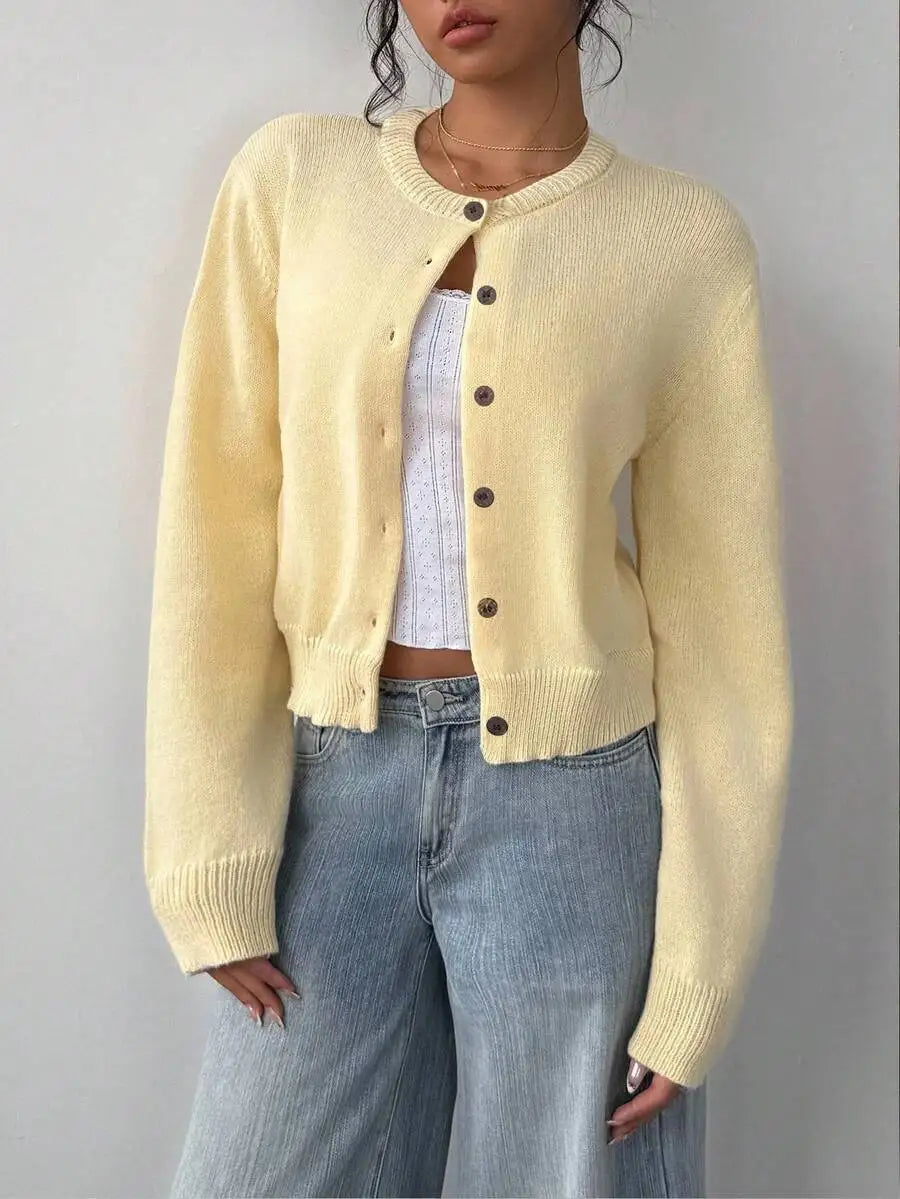 Women's Cropped Crew Neck Button Front Cardigan with Soft Knit Construction
