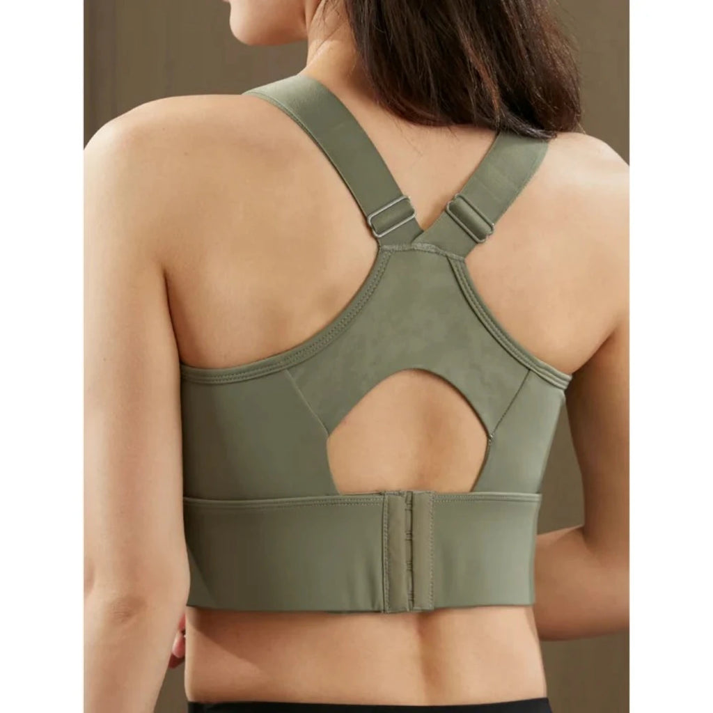 Olive Green Full-Coverage Sports Bra with Racerback Keyhole and Wide Band