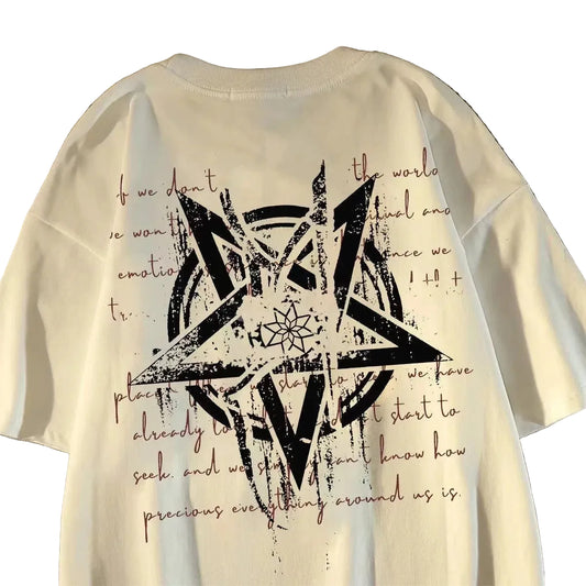 Oversized Geometric Star Graphic Cotton T-Shirt with Alternative Streetwear Design