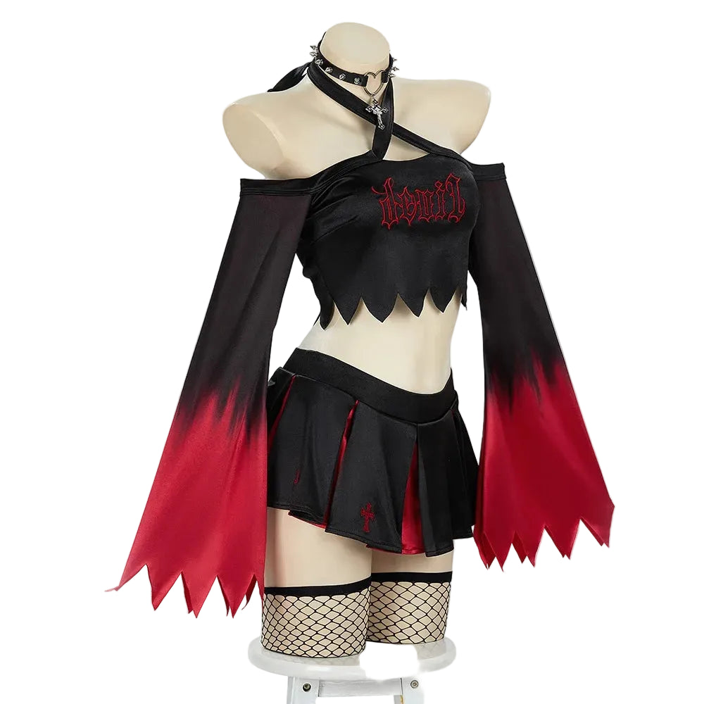 Women's Cropped Long Sleeve Top and Pleated Mini Skirt Costume Set with Accessories